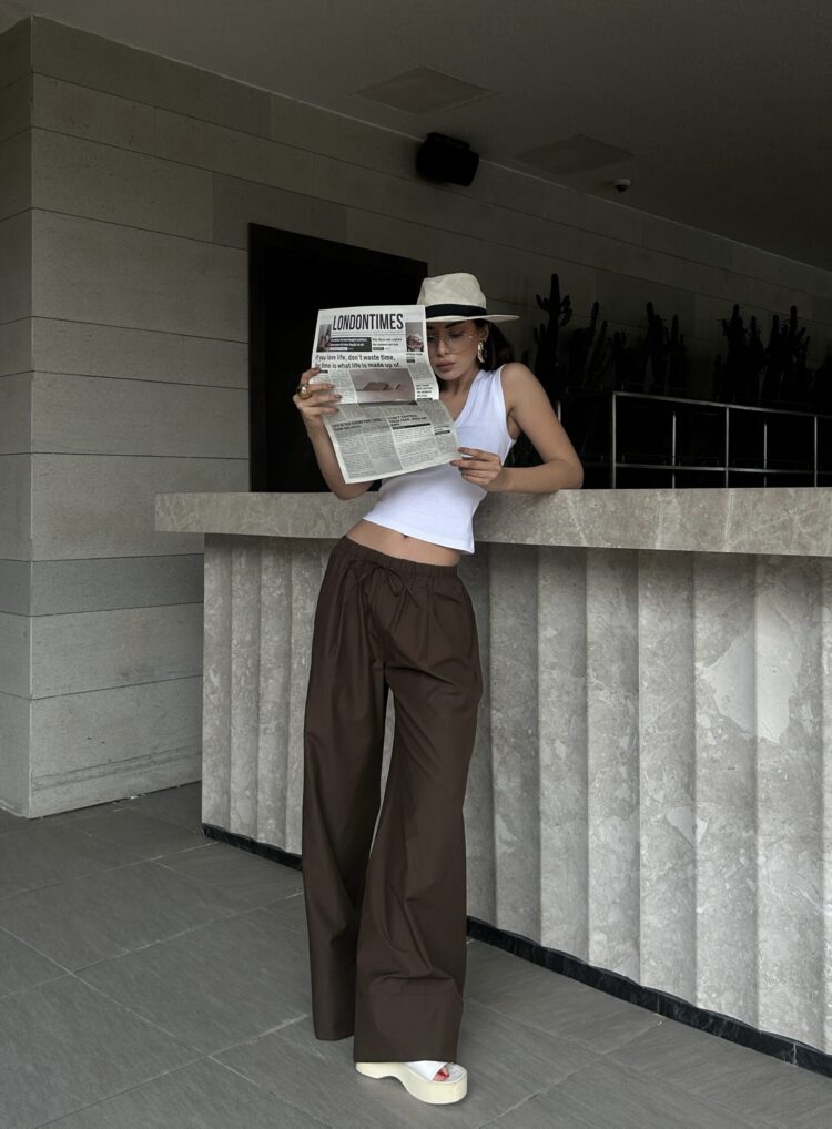 Coffee Poplin Fabric Waist Elastic Pocket Pants 29083