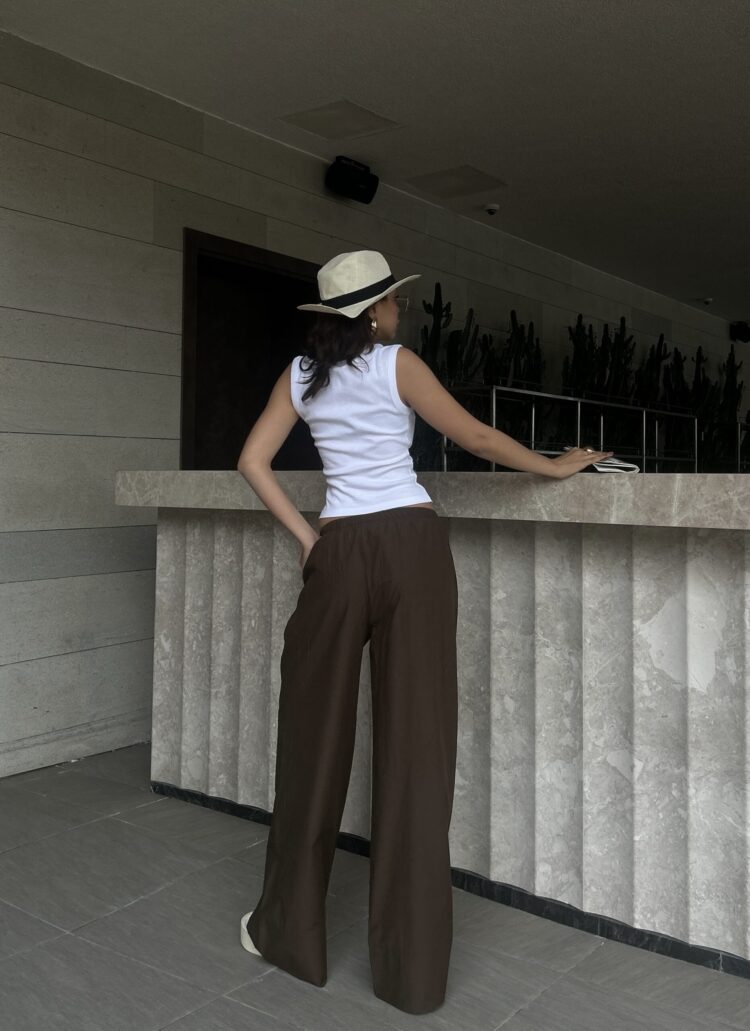 Coffee Poplin Fabric Waist Elastic Pocket Pants 29083