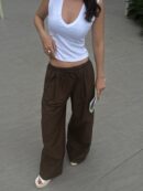 Coffee Poplin Fabric Waist Elastic Pocket Pants 29083 - First Angels - Globality Store - Women Clothes Wholesale Turkey