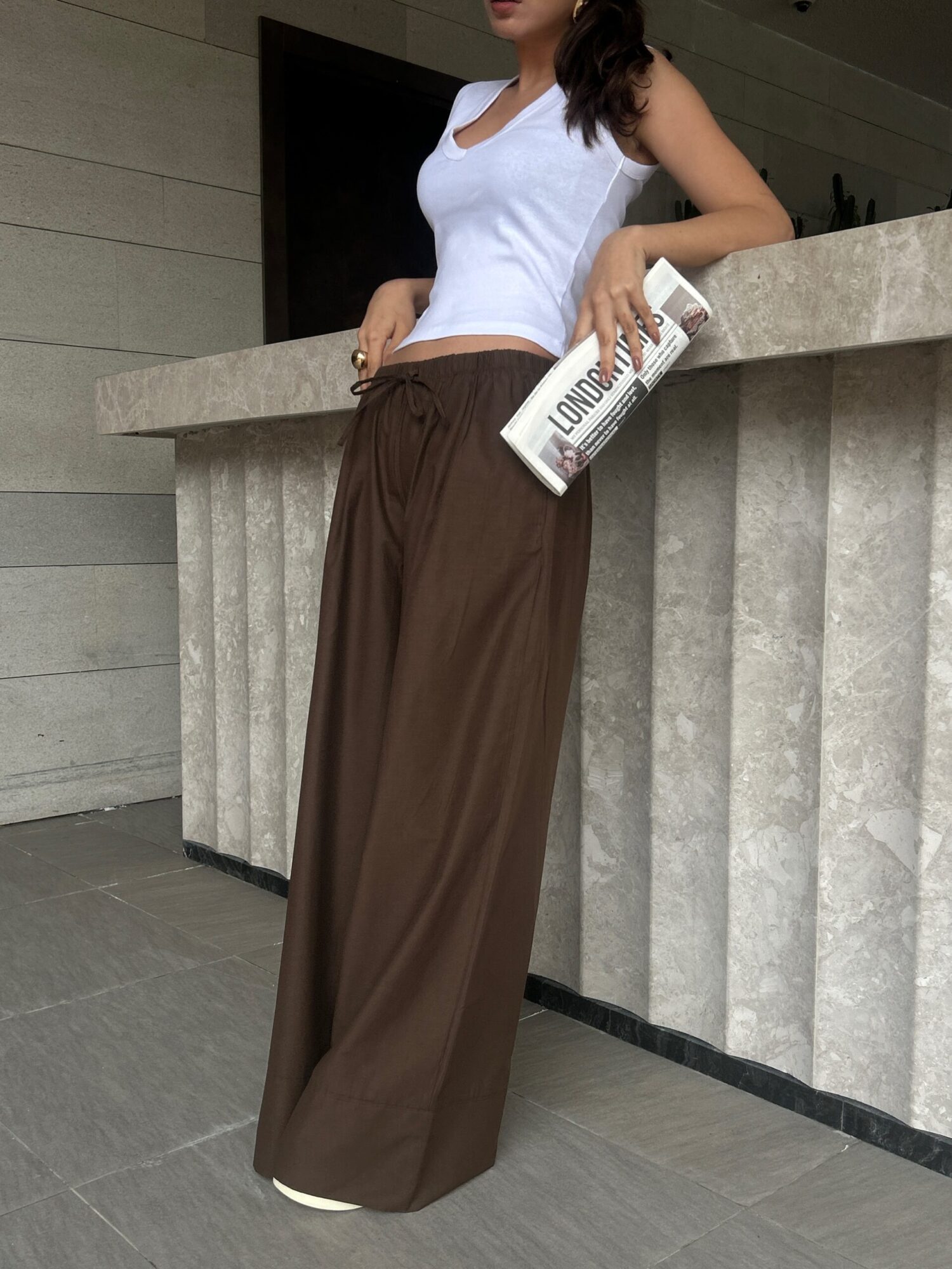 Coffee Poplin Fabric Waist Elastic Pocket Pants 29083 - First Angels - Globality Store - Women Clothes Wholesale Turkey
