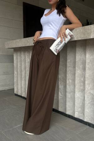 Coffee Poplin Fabric Waist Elastic Pocket Pants 29083 - First Angels - Globality Store - Women Clothes Wholesale Turkey