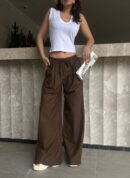 Coffee Poplin Fabric Waist Elastic Pocket Pants 29083 - First Angels - Globality Store - Women Clothes Wholesale Turkey