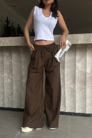 Coffee Poplin Fabric Waist Elastic Pocket Pants 29083 - First Angels - Globality Store - Women Clothes Wholesale Turkey