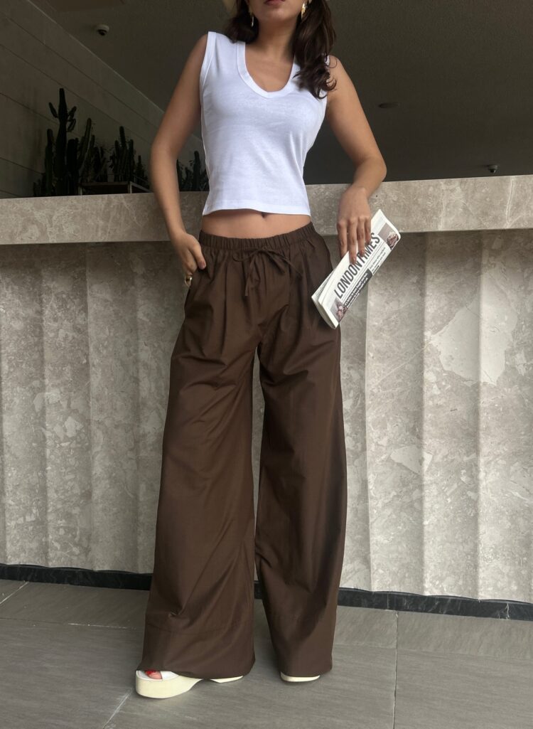 Coffee Poplin Fabric Waist Elastic Pocket Pants 29083