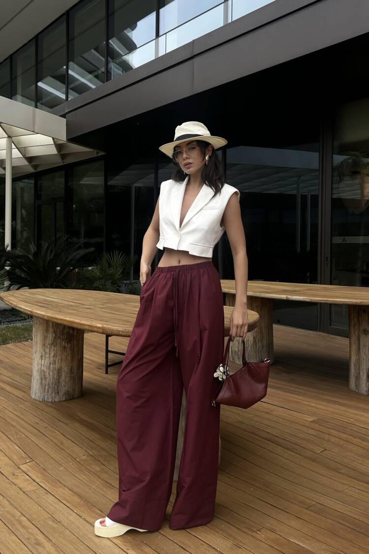 Burgundy Poplin Fabric Waist Elastic Pocket Pants 29083 - First Angels - Globality Store - Women Clothes Wholesale Turkey