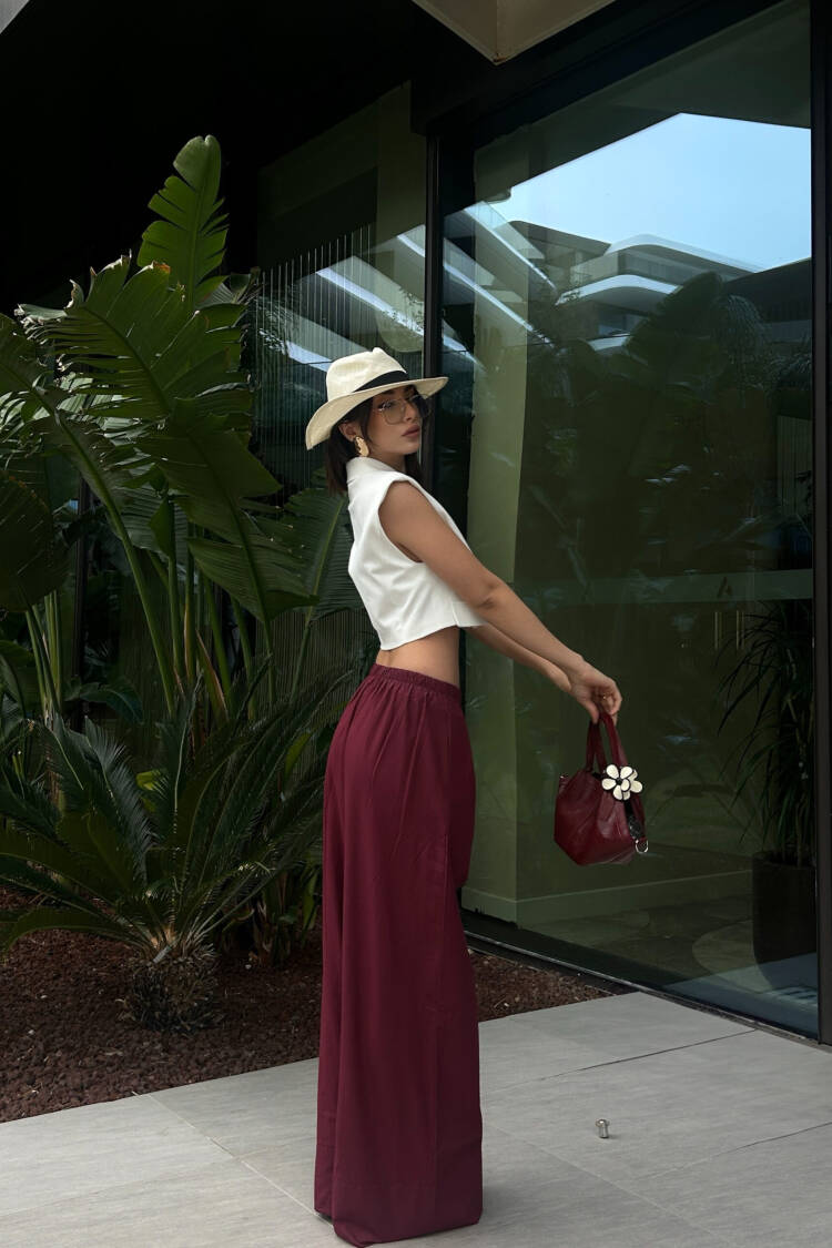 Burgundy Poplin Fabric Waist Elastic Pocket Pants 29083