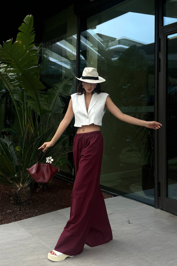 Burgundy Poplin Fabric Waist Elastic Pocket Pants 29083
