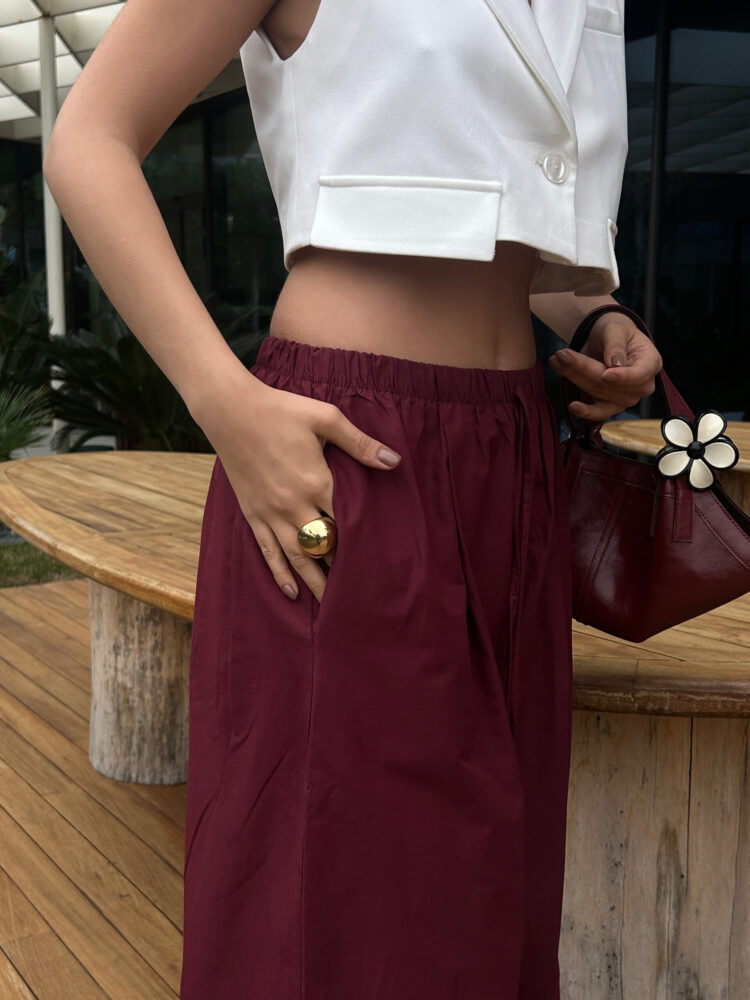 Burgundy Poplin Fabric Waist Elastic Pocket Pants 29083