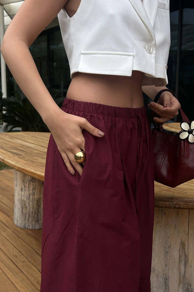 Burgundy Poplin Fabric Waist Elastic Pocket Pants 29083