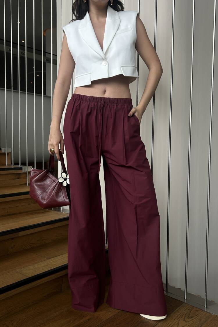 Burgundy Poplin Fabric Waist Elastic Pocket Pants 29083