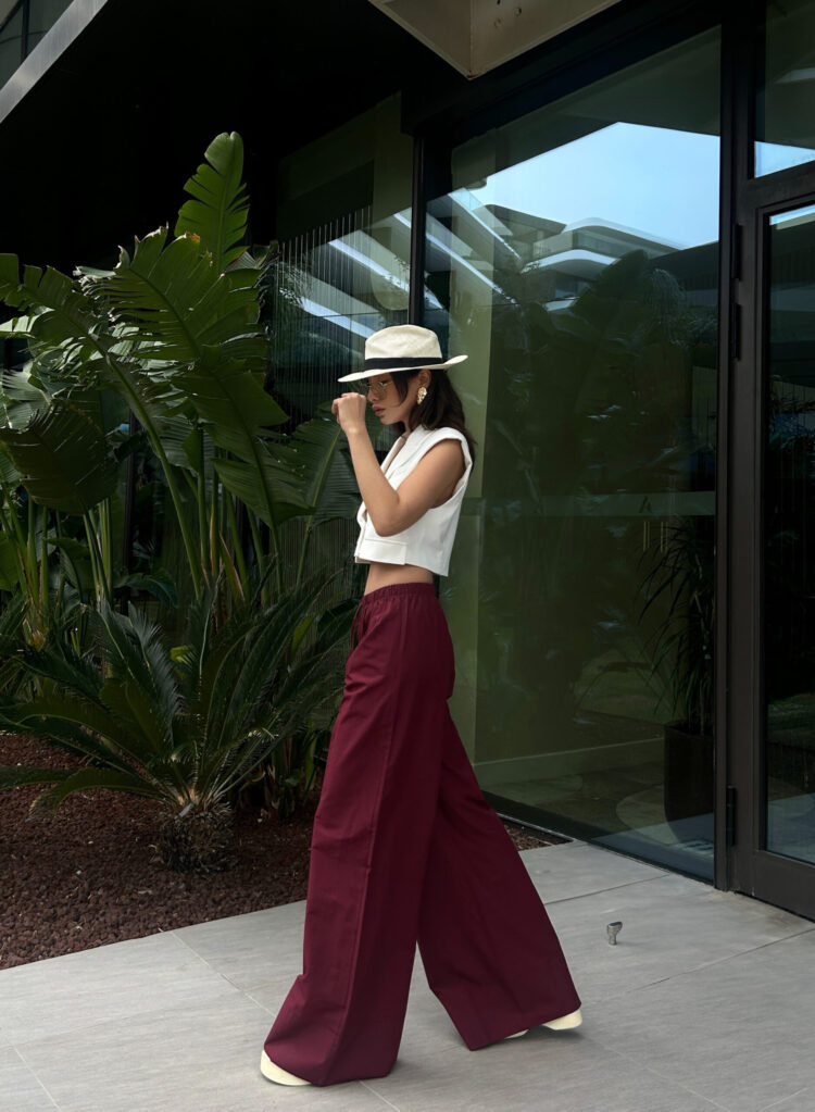 Burgundy Poplin Fabric Waist Elastic Pocket Pants 29083