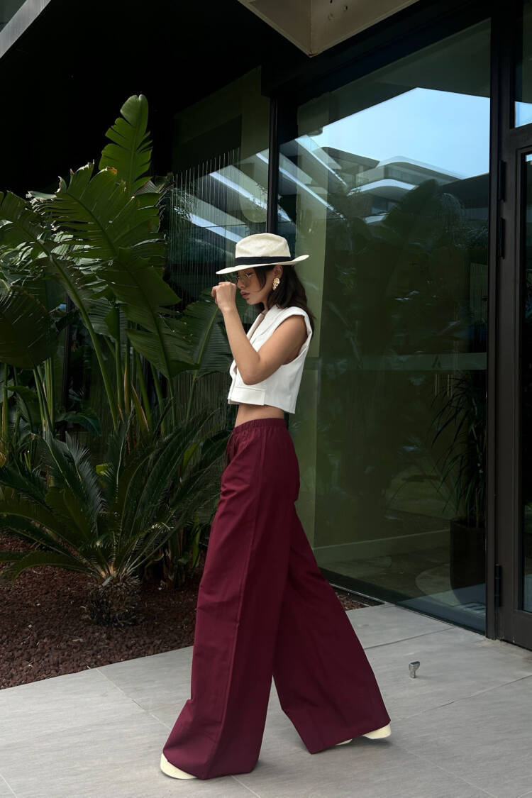 Burgundy Poplin Fabric Waist Elastic Pocket Pants 29083