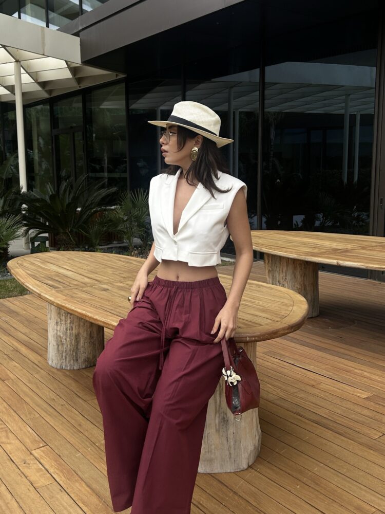 Burgundy Poplin Fabric Waist Elastic Pocket Pants 29083