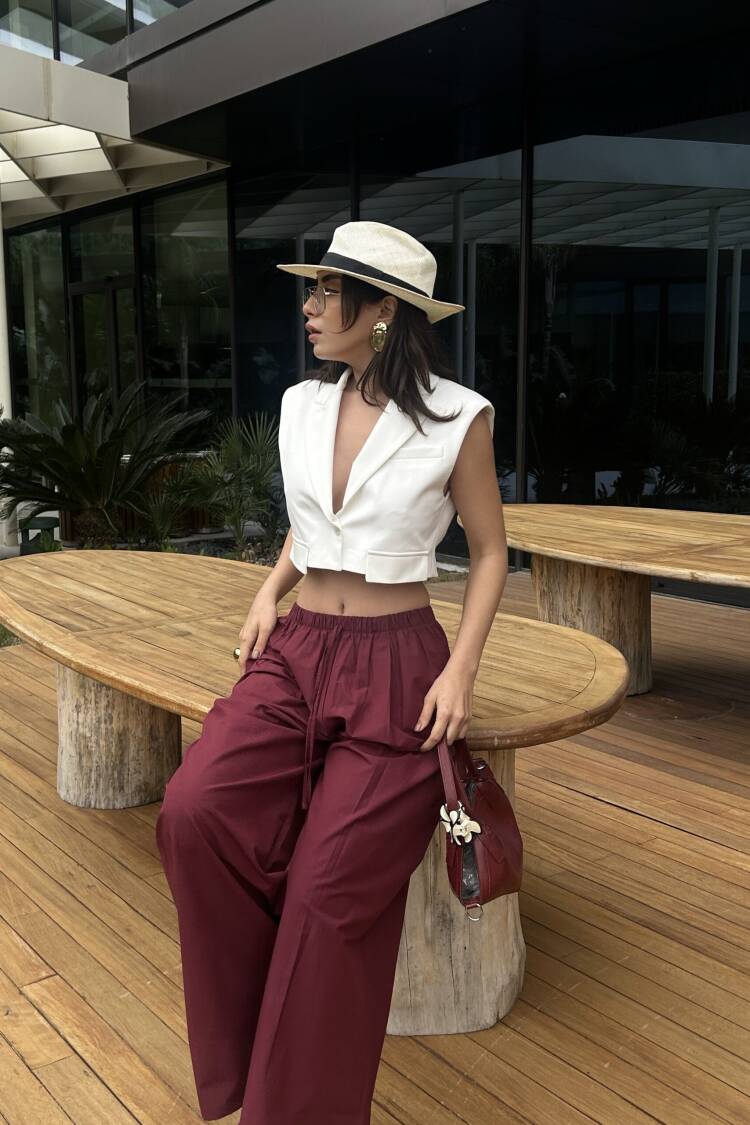 Burgundy Poplin Fabric Waist Elastic Pocket Pants 29083