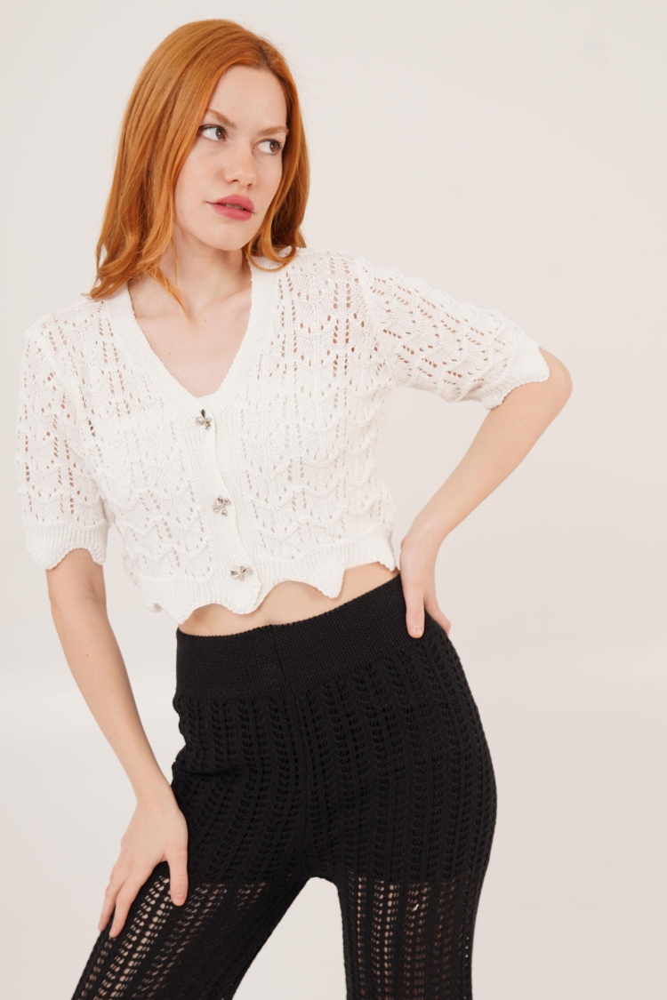 Openwork Short Sleeve WholesaleCardigan With Bow Buttons