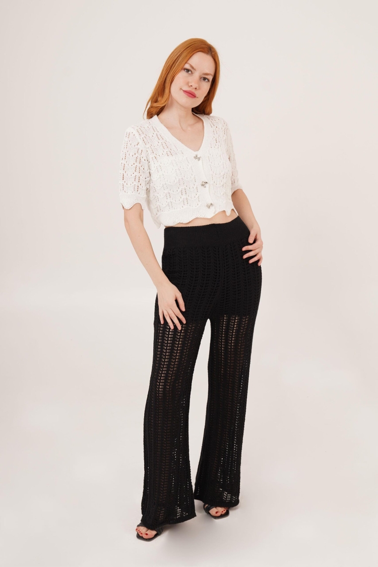 Openwork Short Sleeve WholesaleCardigan With Bow Buttons