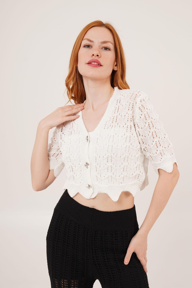 Openwork Short Sleeve WholesaleCardigan With Bow Buttons - Lustrin - Globality Store - Women Clothes Wholesale Turkey