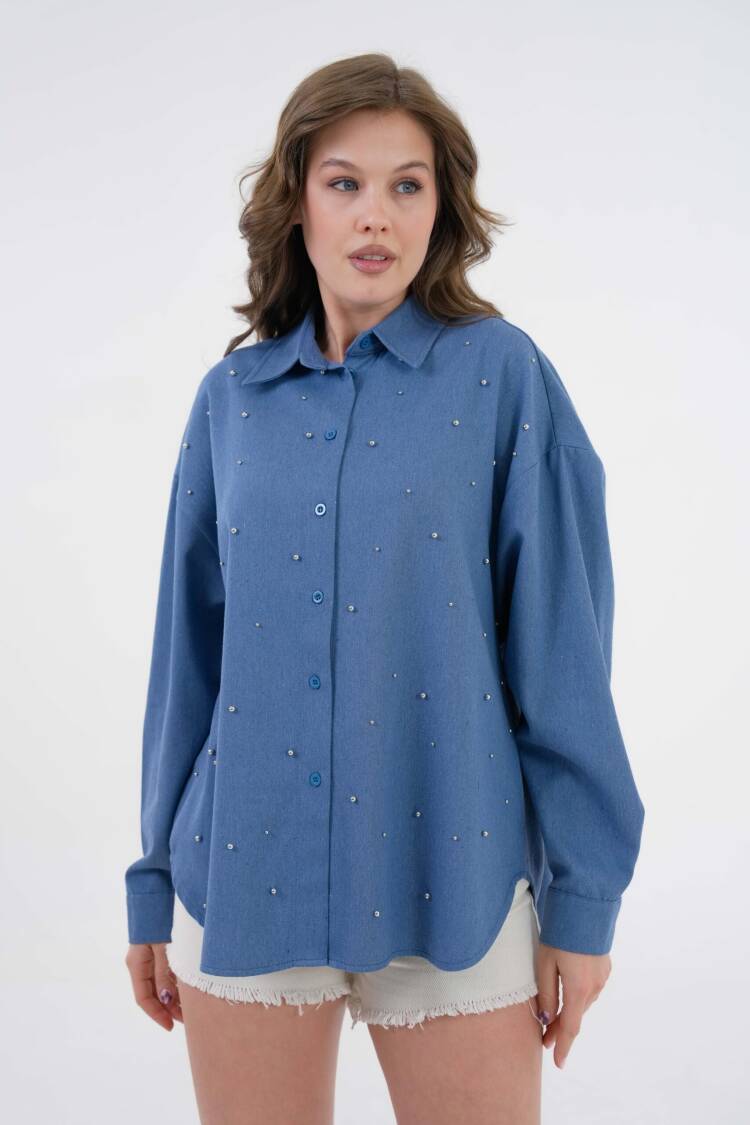 Pearl Stone Detailed Denim Shirt 29069 - First Angels - Globality Store - Women Clothes Wholesale Turkey