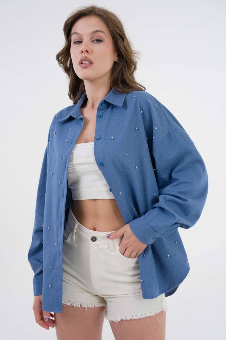 Pearl Stone Detailed Denim Shirt 29069