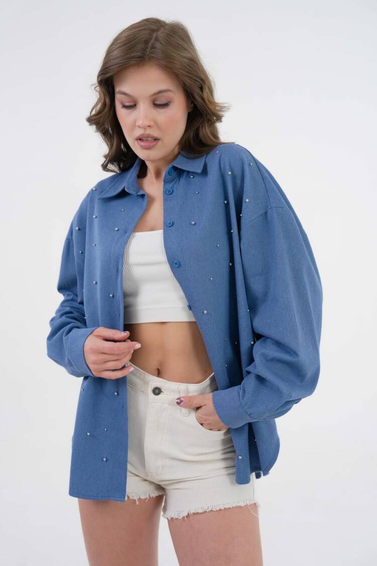 Pearl Stone Detailed Denim Shirt 29069
