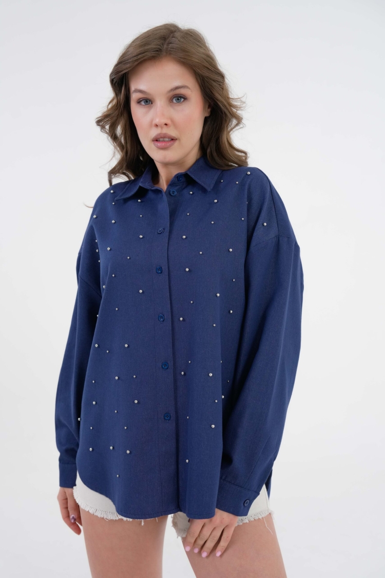 Navy Pearl Stone Detailed Denim Shirt 29069 - First Angels - Globality Store - Women Clothes Wholesale Turkey