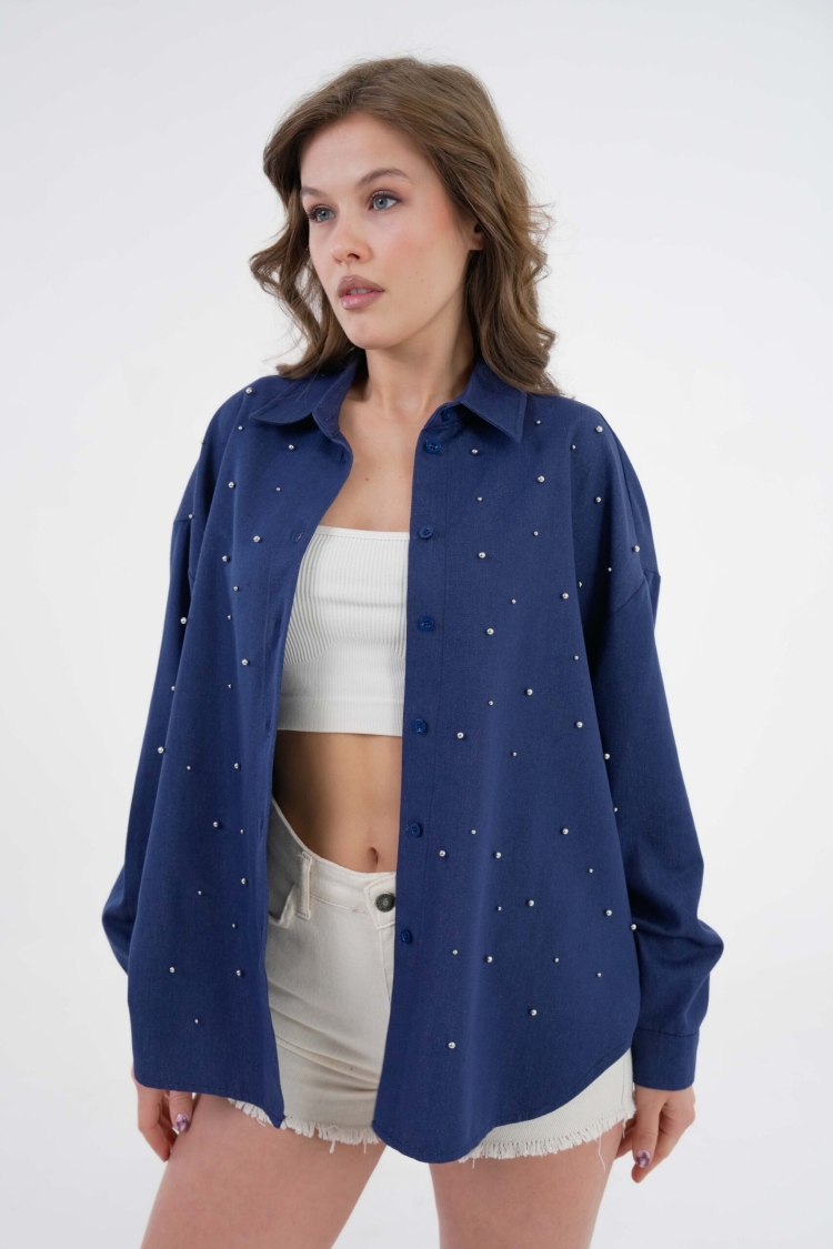 Navy Pearl Stone Detailed Denim Shirt 29069