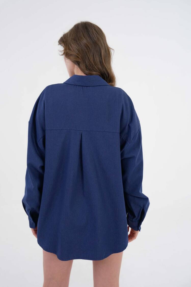 Navy Pearl Stone Detailed Denim Shirt 29069