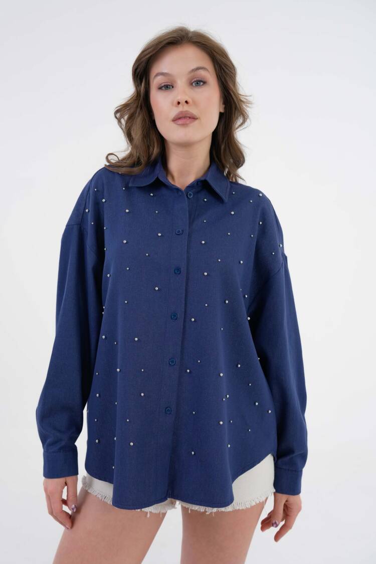 Navy Pearl Stone Detailed Denim Shirt 29069