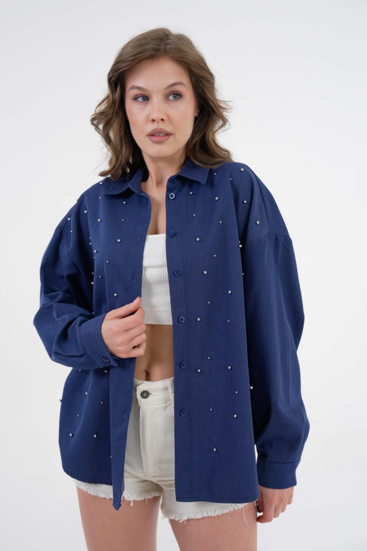 Navy Pearl Stone Detailed Denim Shirt 29069