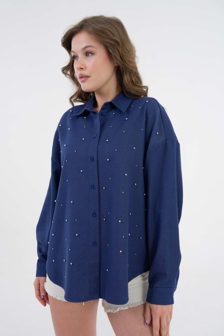 Navy Pearl Stone Detailed Denim Shirt 29069