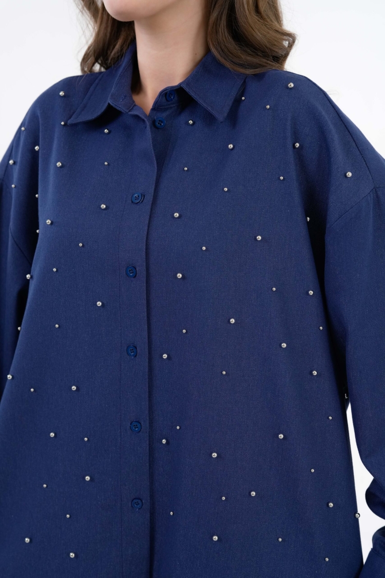 Navy Pearl Stone Detailed Denim Shirt 29069