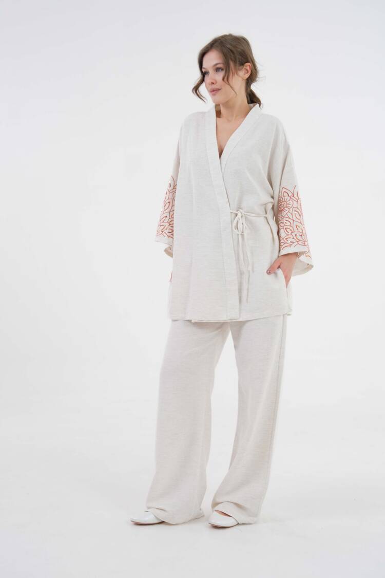 Natur Sleeves Sequin Sequin Embroidered Linen Kimono Jacket And Pants Bottom/Top Set 29061 - First Angels - Globality Store - Women Clothes Wholesale Turkey