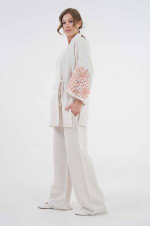 Natur Sleeves Sequin Sequin Embroidered Linen Kimono Jacket And Pants Bottom/Top Set 29061 - First Angels - Globality Store - Women Clothes Wholesale Turkey