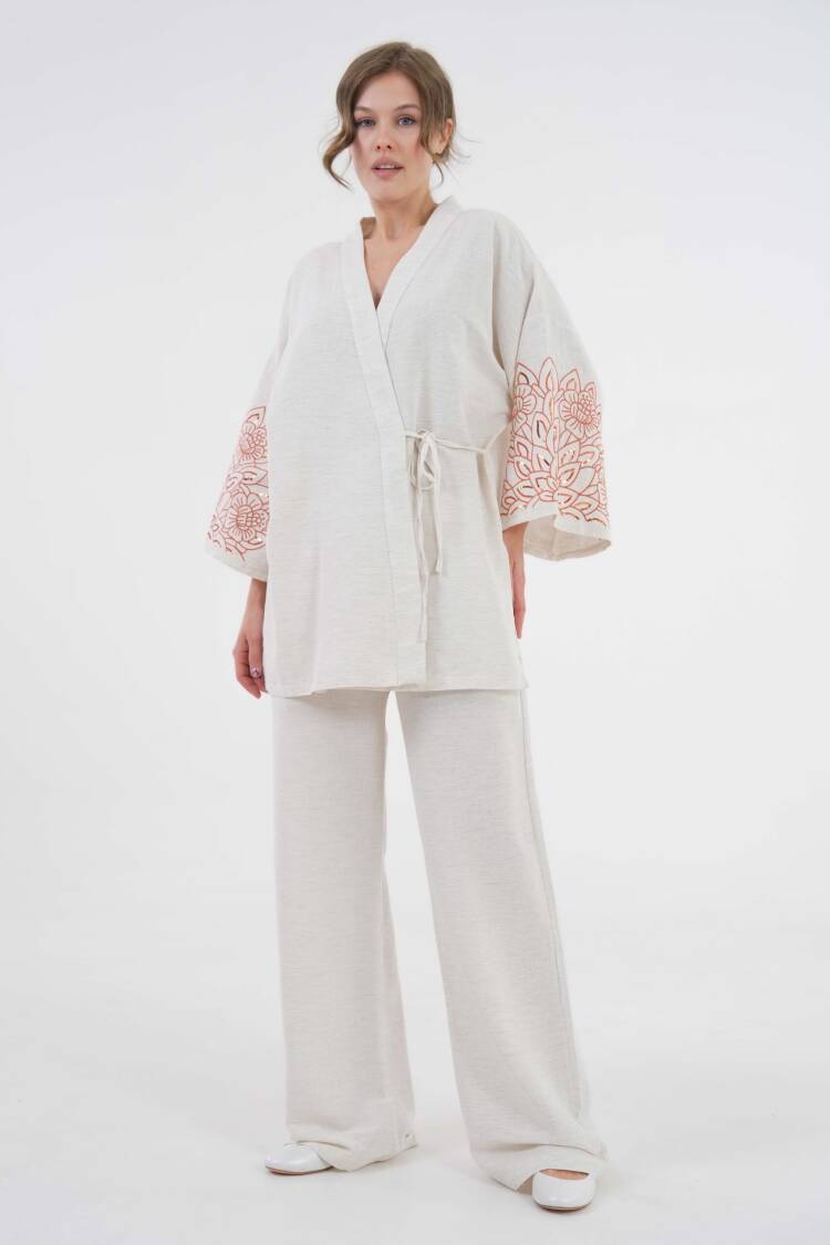 Natur Sleeves Sequin Sequin Embroidered Linen Kimono Jacket And Pants Bottom/Top Set 29061