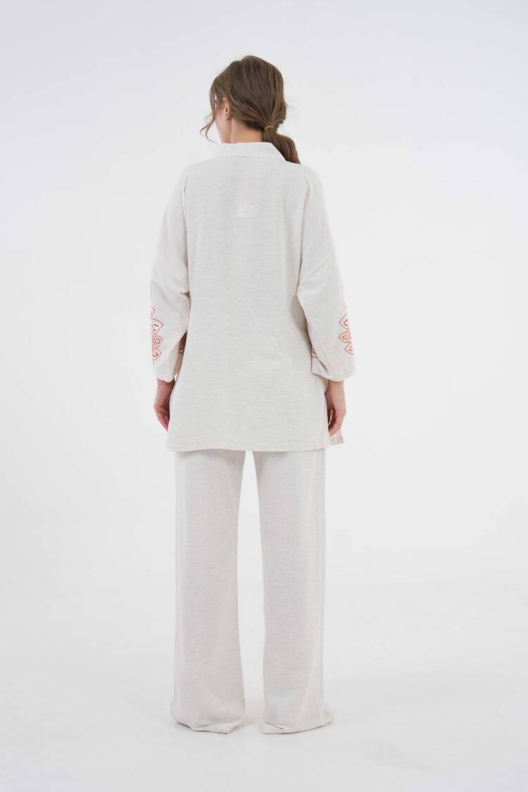 Natur Sleeves Sequin Sequin Embroidered Linen Kimono Jacket And Pants Bottom/Top Set 29061