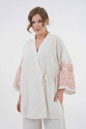 Natur Sleeves Sequin Sequin Embroidered Linen Kimono Jacket And Pants Bottom/Top Set 29061 - First Angels - Globality Store - Women Clothes Wholesale Turkey
