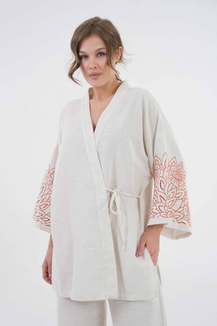 Natur Sleeves Sequin Sequin Embroidered Linen Kimono Jacket And Pants Bottom/Top Set 29061