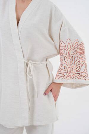 Natur Sleeves Sequin Sequin Embroidered Linen Kimono Jacket And Pants Bottom/Top Set 29061 - First Angels - Globality Store - Women Clothes Wholesale Turkey