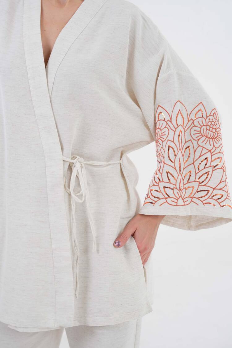 Natur Sleeves Sequin Sequin Embroidered Linen Kimono Jacket And Pants Bottom/Top Set 29061