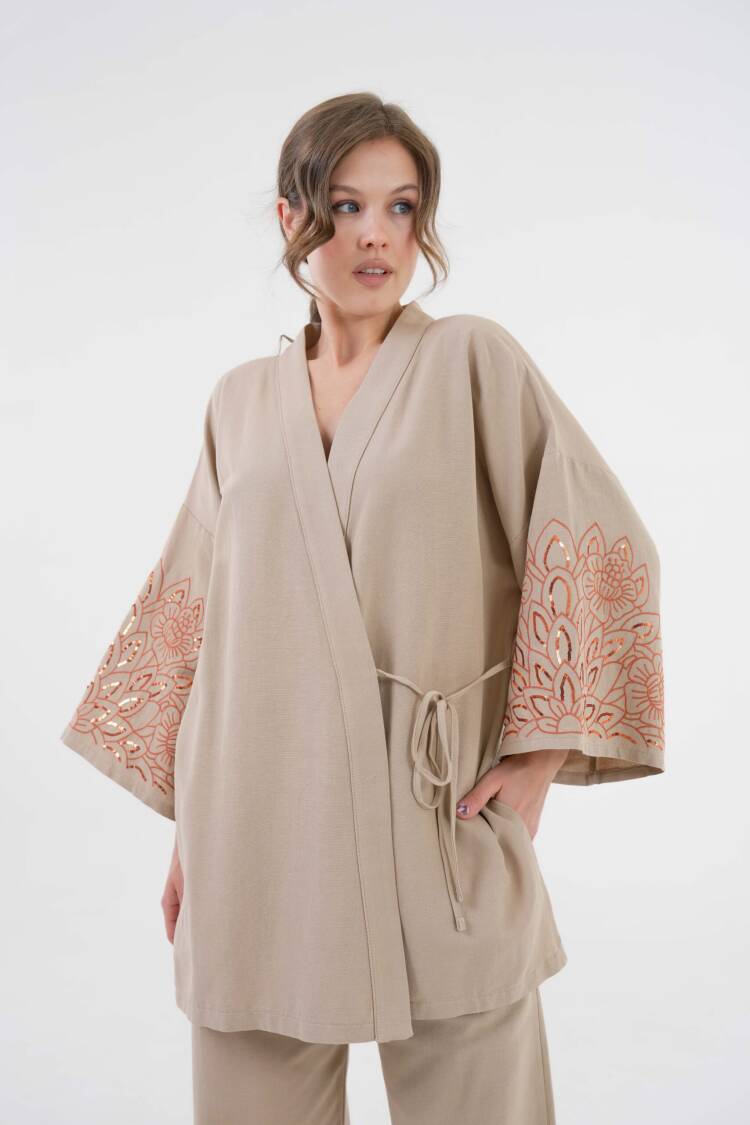 Sleeves Sequin Sequin Embroidered Linen Kimono Jacket And Pants Bottom/Top Suit 29061 - First Angels - Globality Store - Women Clothes Wholesale Turkey