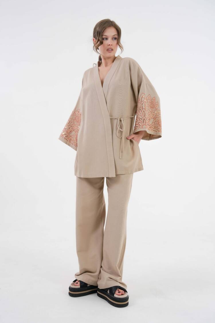 Sleeves Sequin Sequin Embroidered Linen Kimono Jacket And Pants Bottom/Top Suit 29061