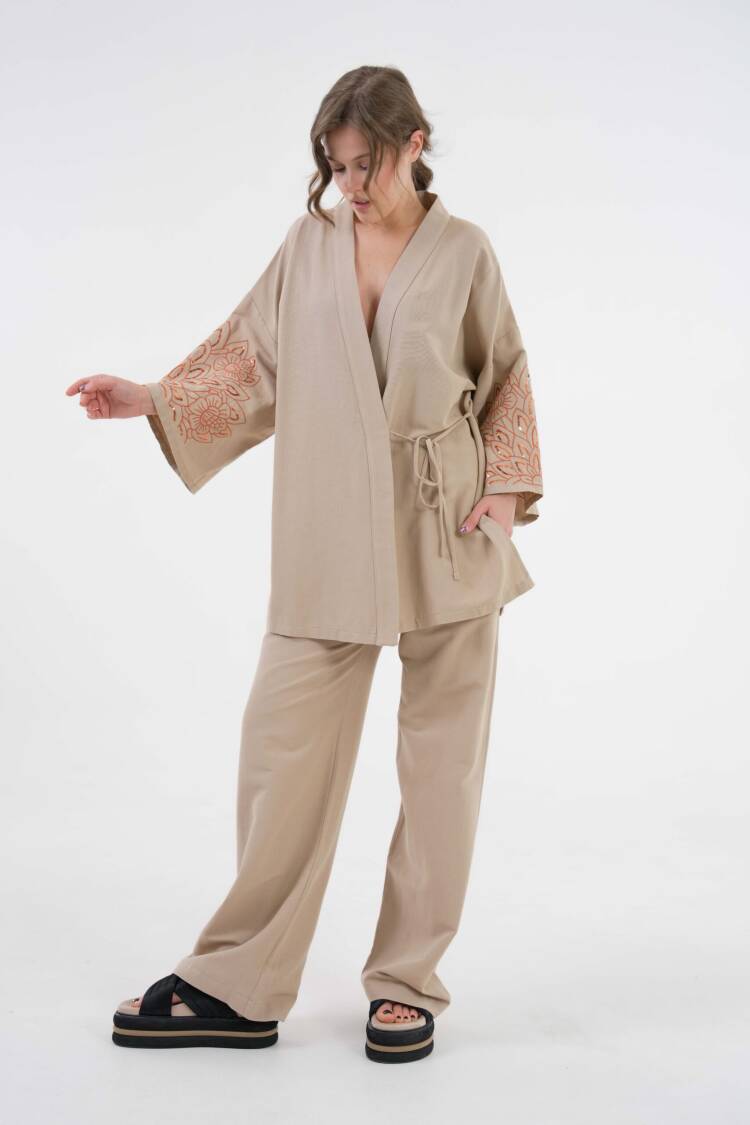 Sleeves Sequin Sequin Embroidered Linen Kimono Jacket And Pants Bottom/Top Suit 29061