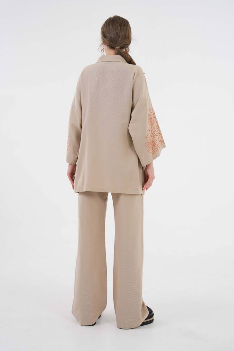 Sleeves Sequin Sequin Embroidered Linen Kimono Jacket And Pants Bottom/Top Suit 29061