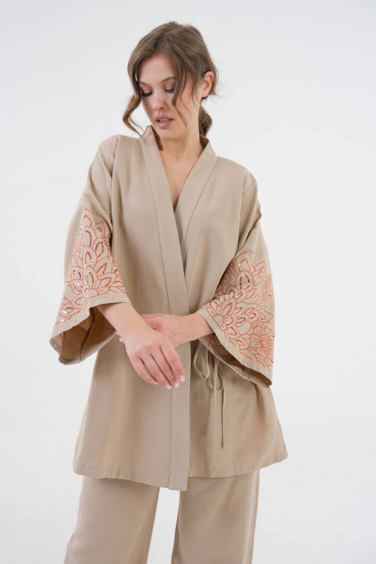 Sleeves Sequin Sequin Embroidered Linen Kimono Jacket And Pants Bottom/Top Suit 29061