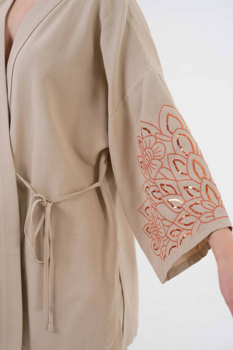 Sleeves Sequin Sequin Embroidered Linen Kimono Jacket And Pants Bottom/Top Suit 29061