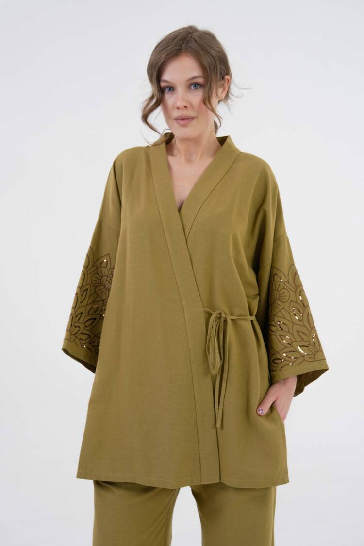 OilSleeves Sequin Sequin Embroidered Linen Kimono Jacket And Pants Bottom/Top Suit 29061 - First Angels - Globality Store - Women Clothes Wholesale Turkey