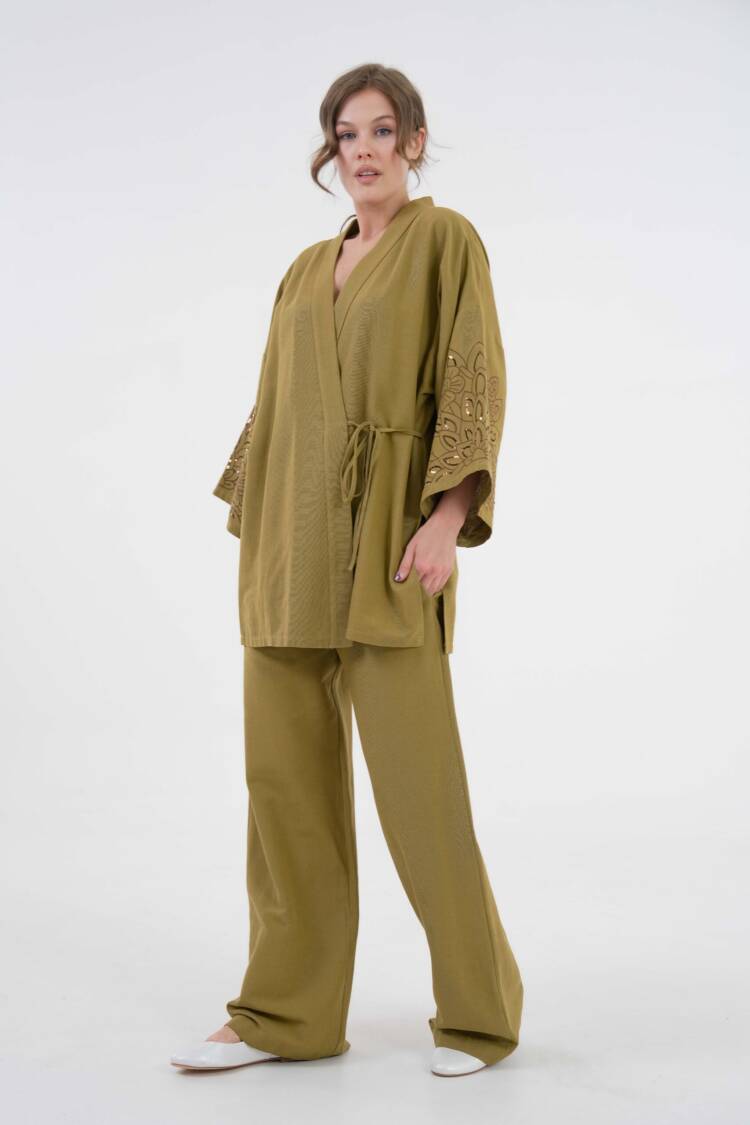 OilSleeves Sequin Sequin Embroidered Linen Kimono Jacket And Pants Bottom/Top Suit 29061