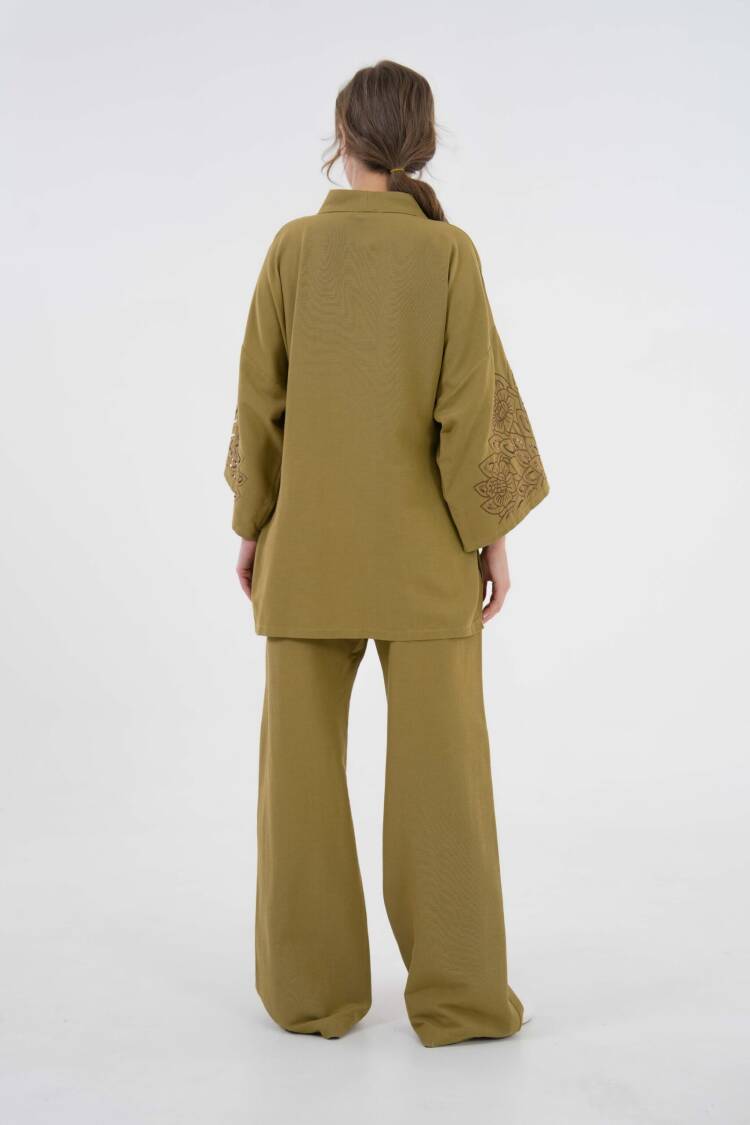 OilSleeves Sequin Sequin Embroidered Linen Kimono Jacket And Pants Bottom/Top Suit 29061