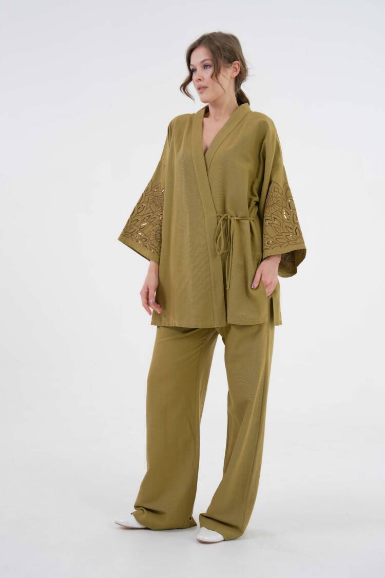 OilSleeves Sequin Sequin Embroidered Linen Kimono Jacket And Pants Bottom/Top Suit 29061