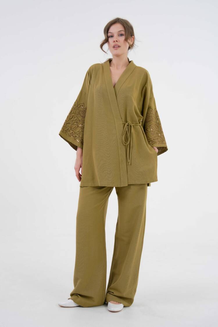 OilSleeves Sequin Sequin Embroidered Linen Kimono Jacket And Pants Bottom/Top Suit 29061